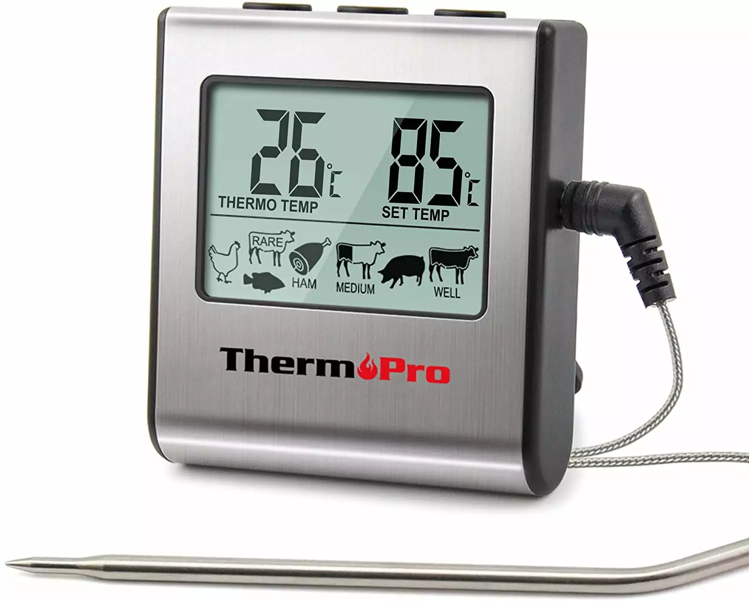 Digital Meat Cooking Thermometer Large LCD Display Smoker Oven Kitchen BBQ Grill Timer and Stainless Steel Probe JYNOFD