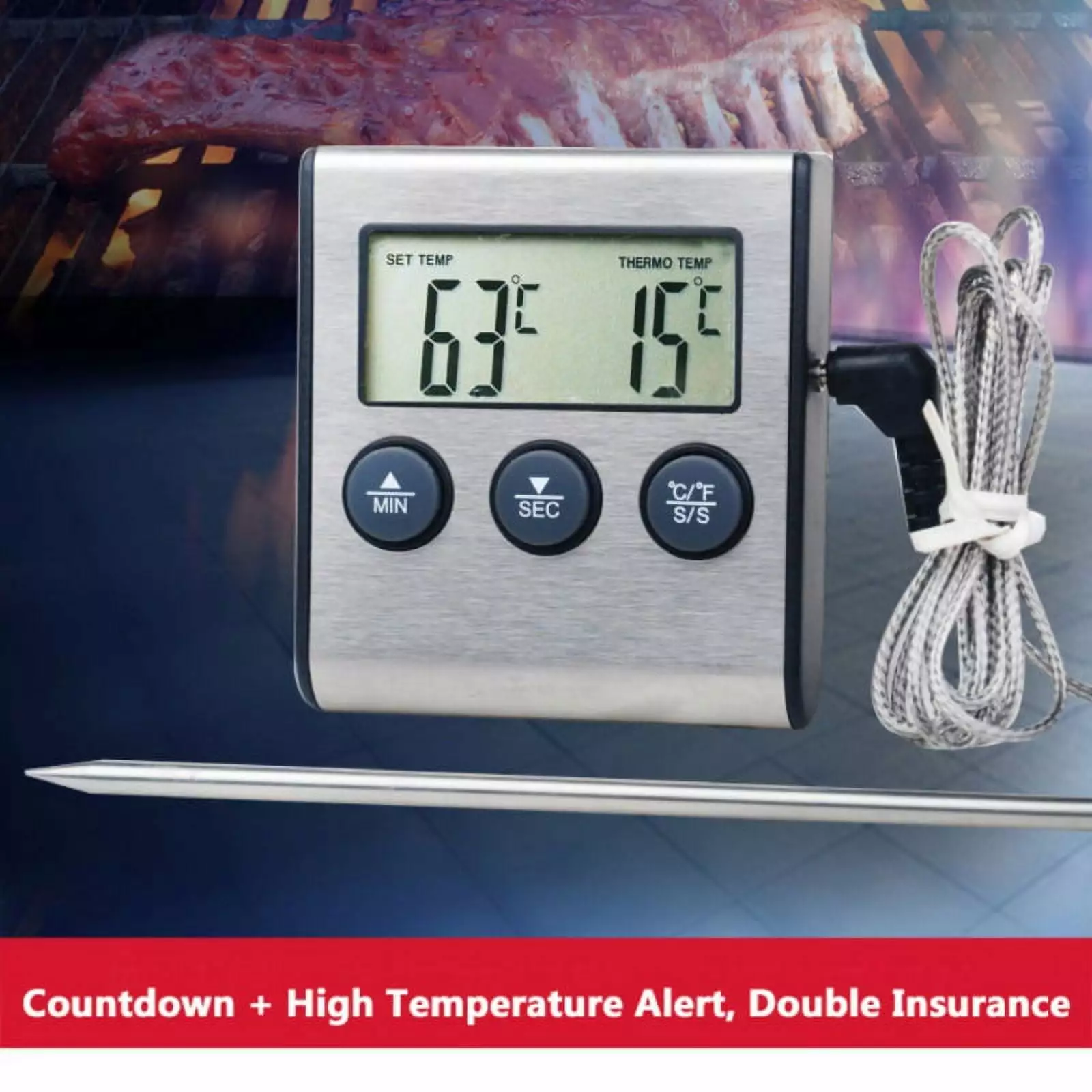 Digital Meat Cooking Thermometer Instant Read Dual Magnets BBQ Grill Oven Smoker Candy Kitchen Timer Maynos