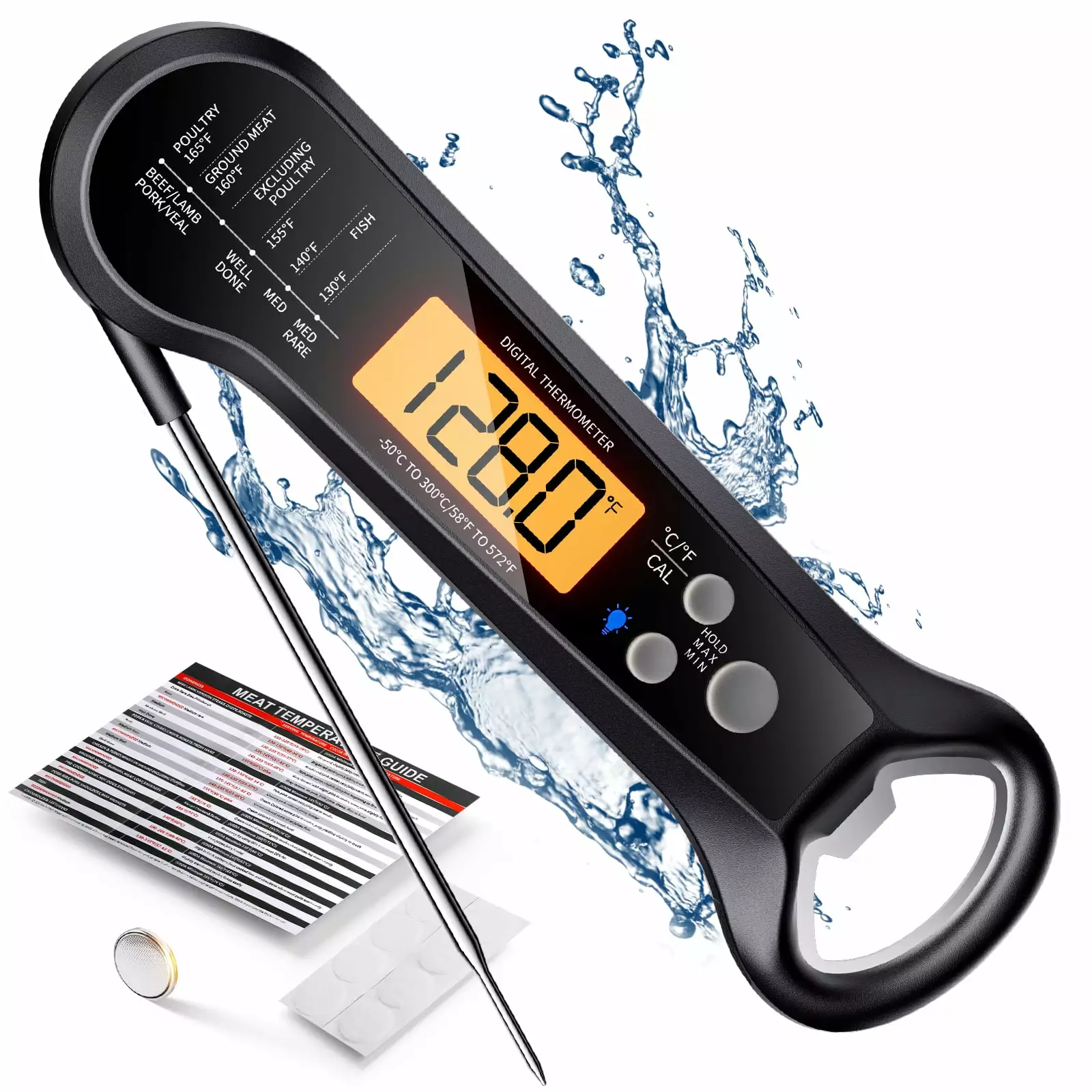 Digital Meat Thermometer Folding Probe IPX7 Waterproof Instant Read LED Backlit Display Kitchen BBQ Grill AirExpect
