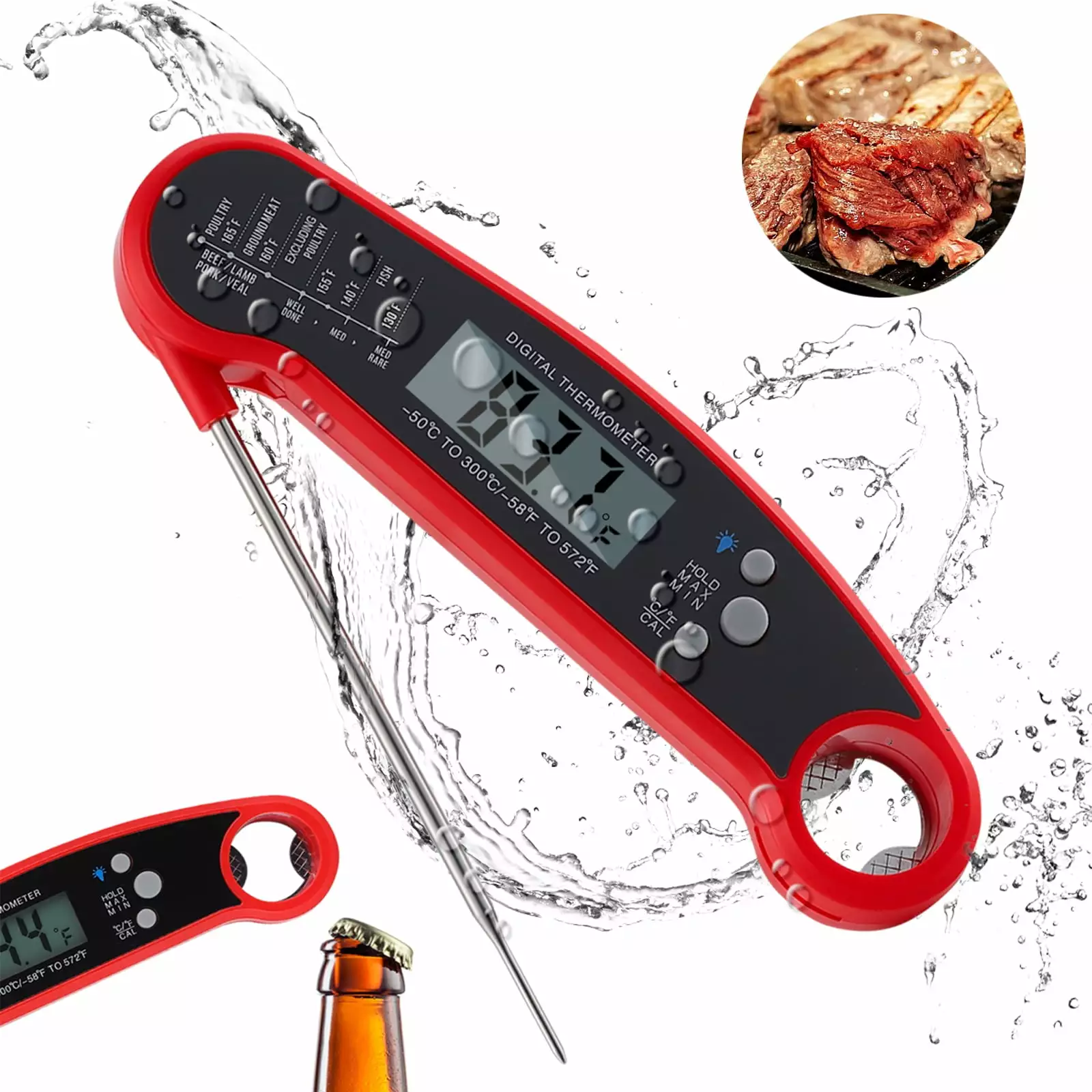 Stainless Steel Digital Folding Probe Meat Thermometer Blue Backlight Display Waterproof Grill Thermometer DGYAO