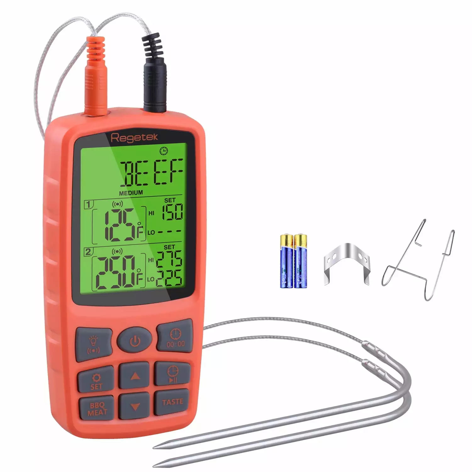 Regetek Cooking Food Meat Grill Thermometer Clock Timer Alarm Smoker Oven Kitchen BBQ Dual Probe Digital LCD Backlight
