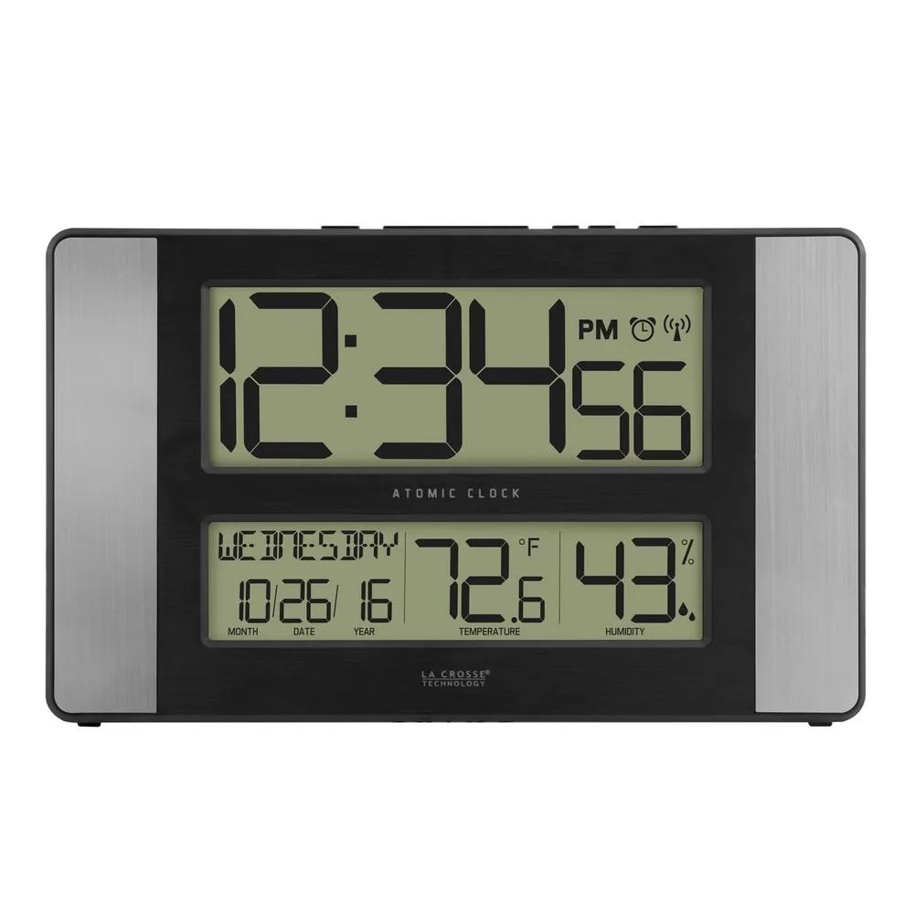 La Crosse Technology 11x7 Inch Atomic Digital Clock Temperature and Humidity Aluminum Finish