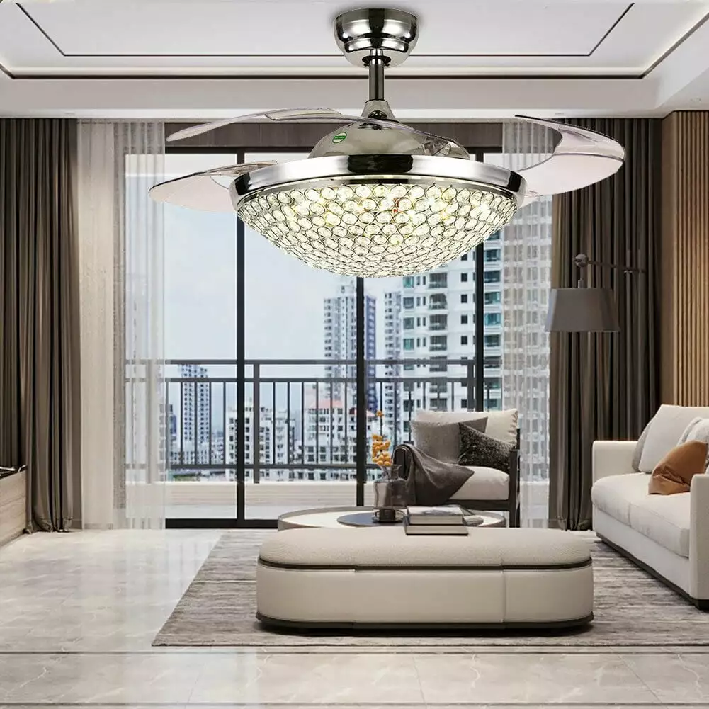ANQIDI 42 Inch Dimmable Crystal Ceiling Fan LED Light and Remote Control Retractable Chandelier Pendant Fan 110V