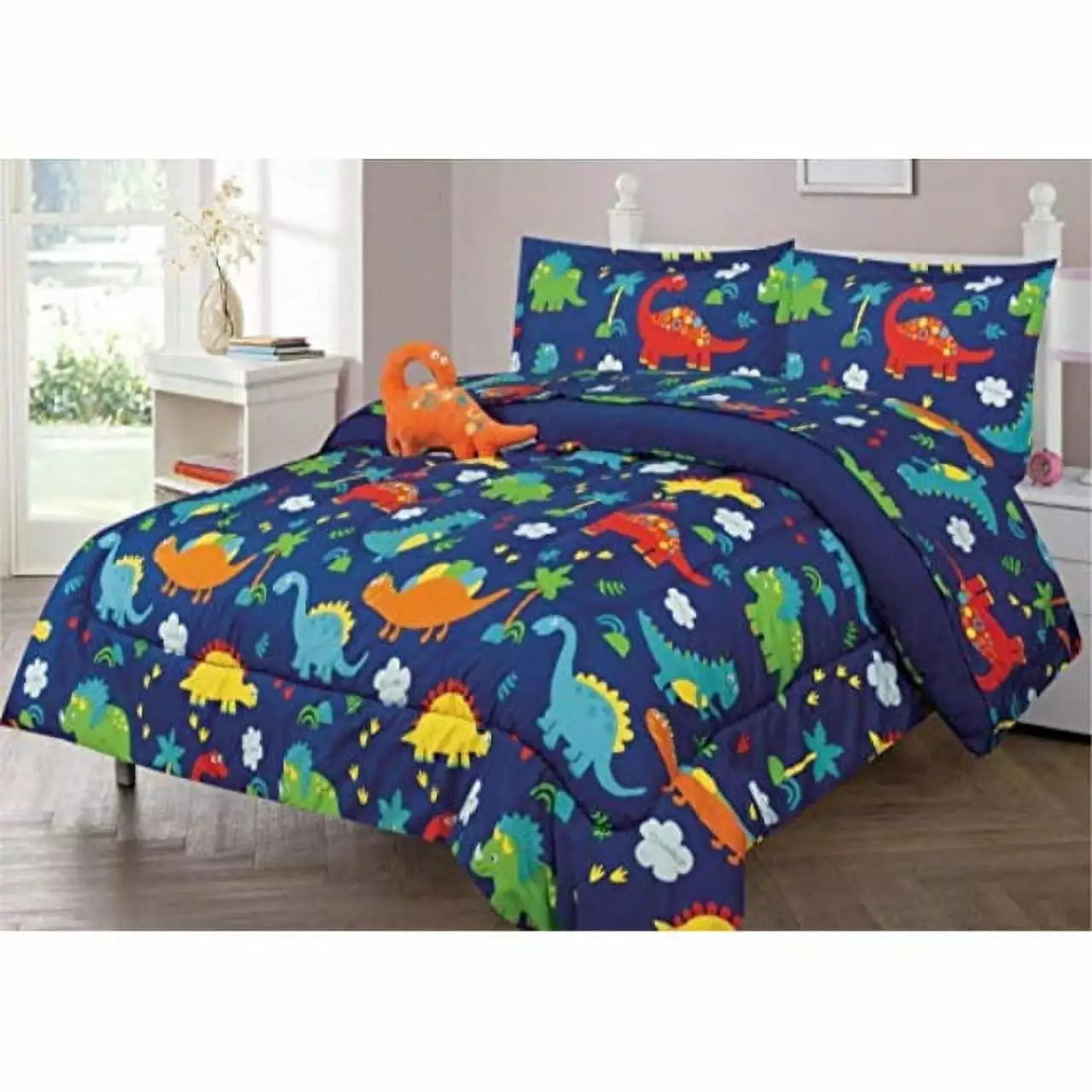 3pc Twin Size Kids Boys Teens Comforter Set Sham & Decorative Toy Pillow Dinosaur Multicolor Print Blue Green Sapphire Home