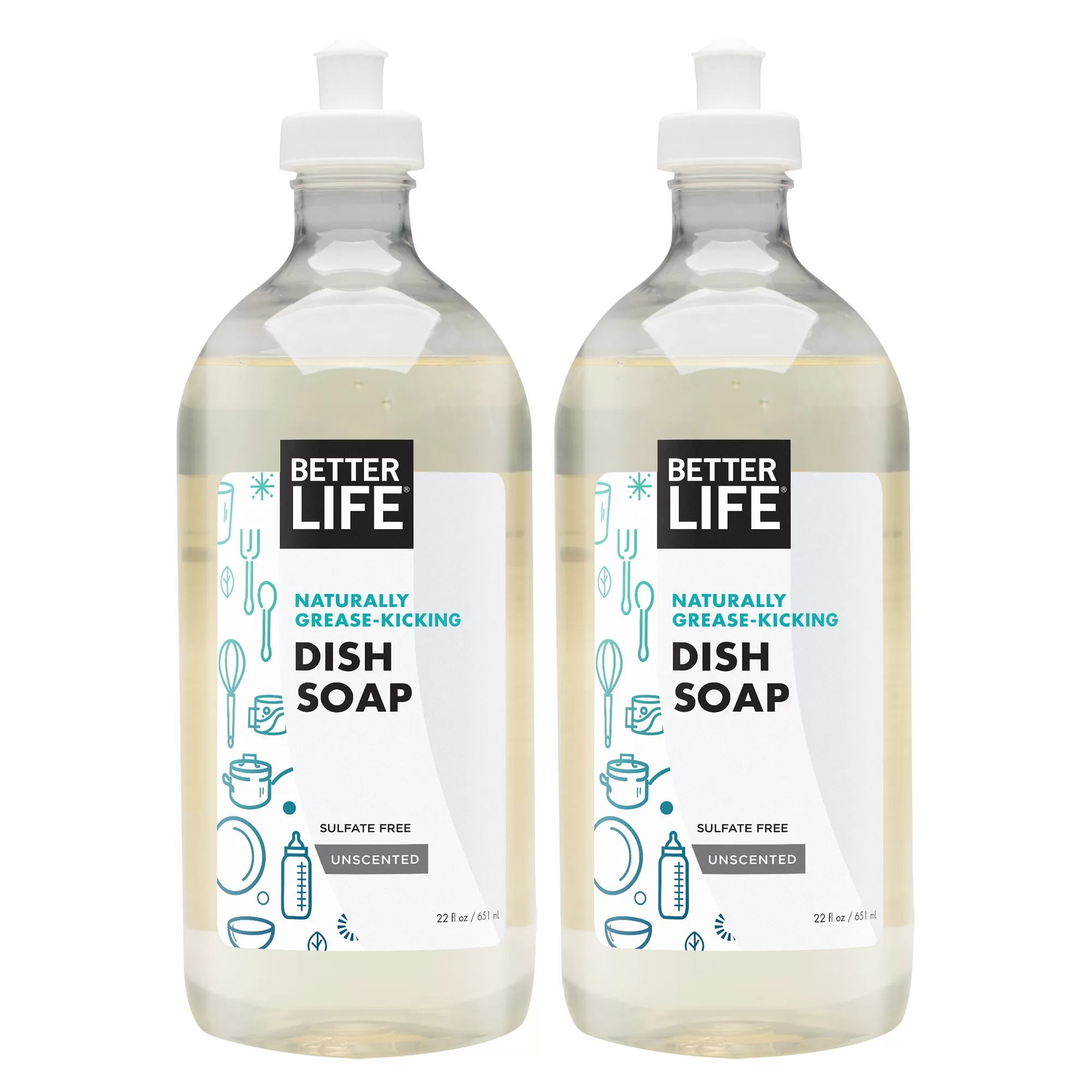 Better Life Naturally Grease Kicking Dish Soap 22 Oz Bottle Unscented 2 Pack
