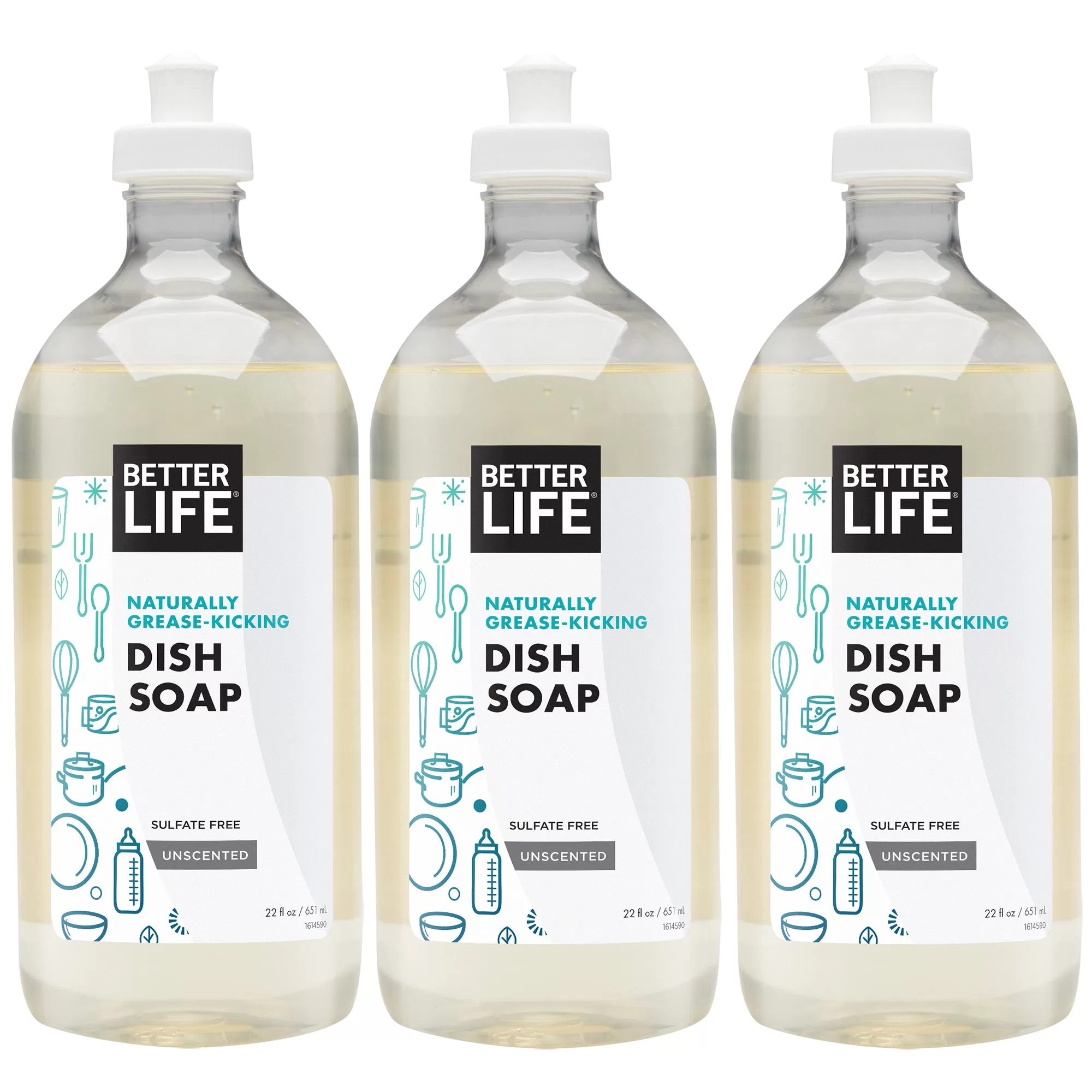 Better Life Naturally Grease Kicking Dish Soap 22 Oz Bottle Unscented 3 Pack