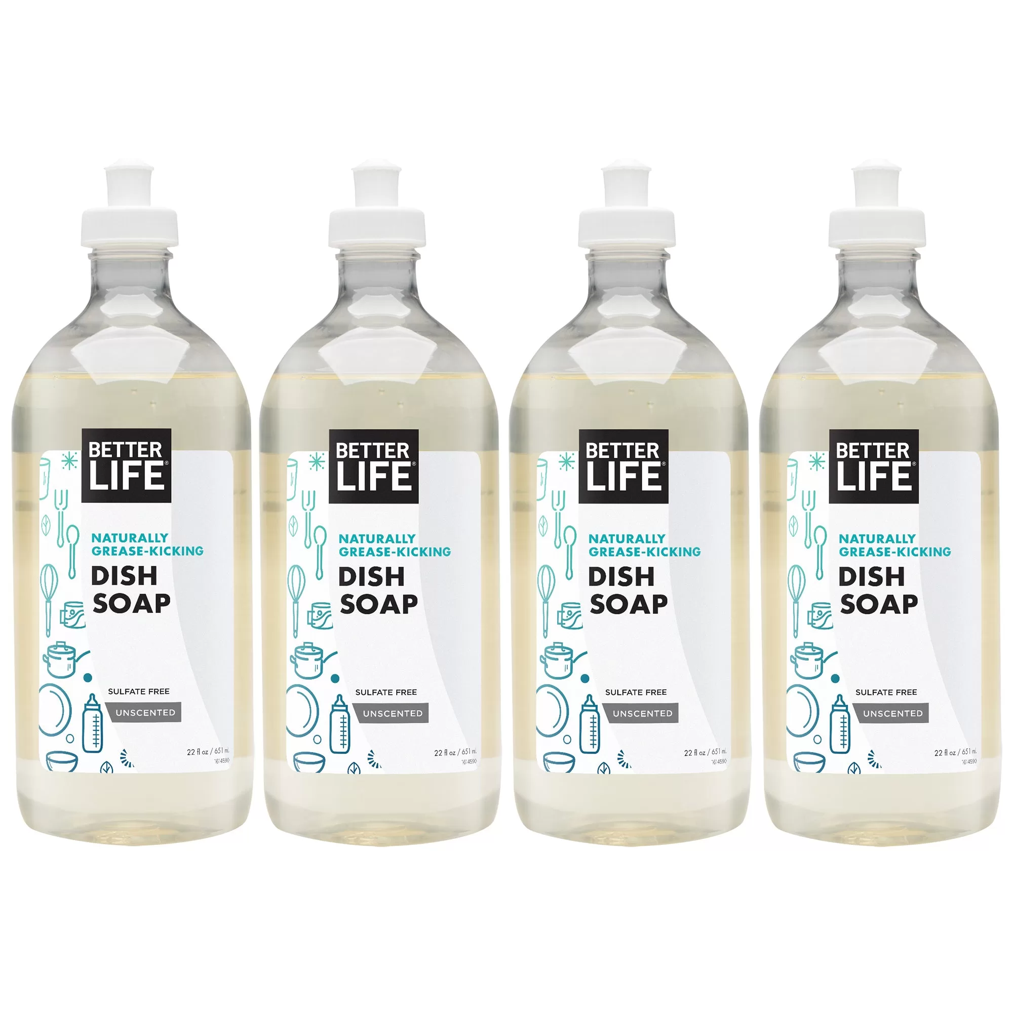 Better Life Naturally Grease Kicking Dish Soap 22 Oz Bottle Unscented 4 Pack