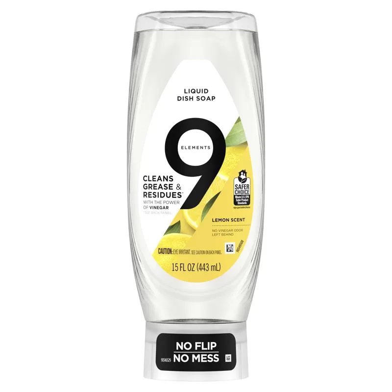 9 Elements EZ Squeeze Dish Soap 15 Ounce Easy Grip Bottle Refreshing Scent