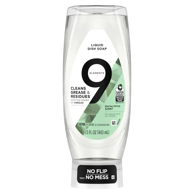 9 Elements EZ Squeeze Dish Soap 15 Ounce Refillable Bottle Fresh Scent