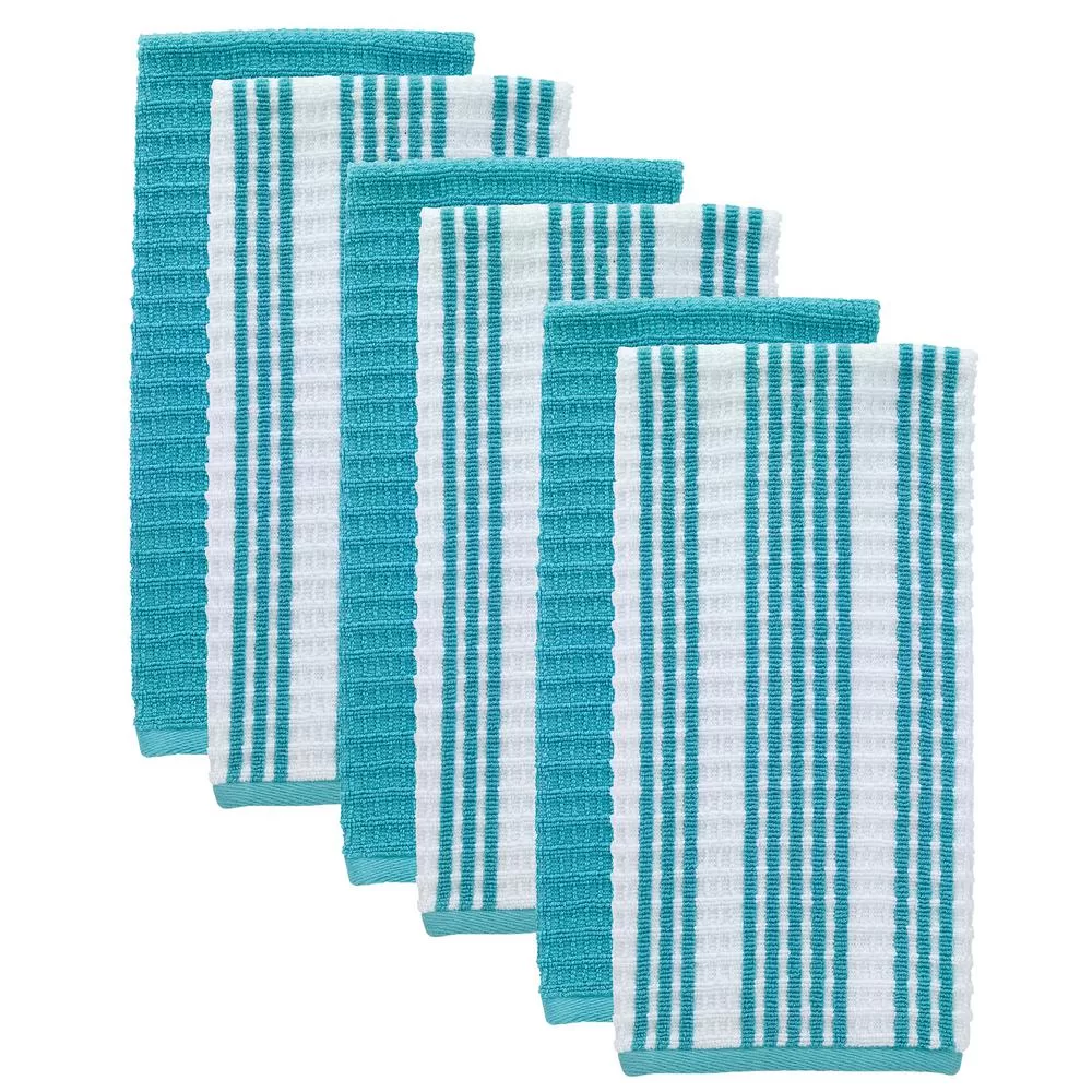 RITZ T-Fal Breeze Solid and Stripe Waffle Cotton Terry Kitchen Dish Towel Set 6