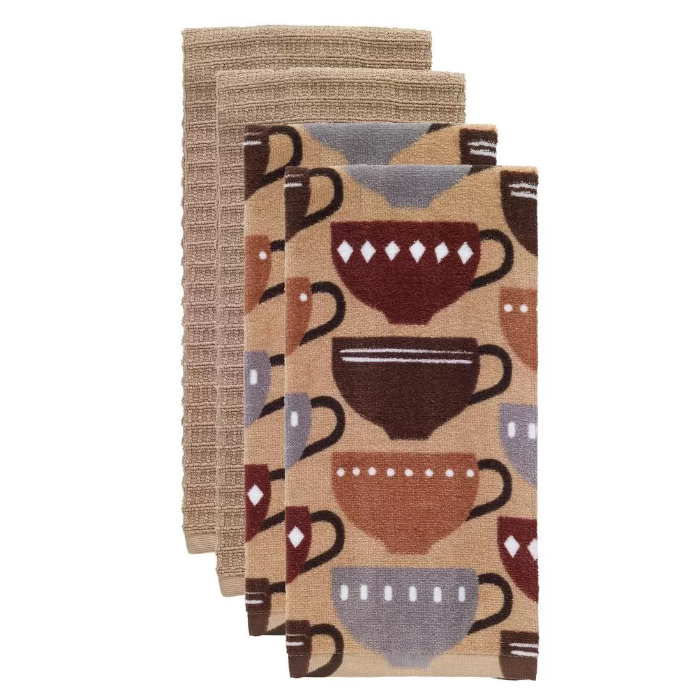 RITZ T-fal Multicolor Coffee Cotton Fiber Reactive Print and Solid Kitchen Dish Towel Set 4
