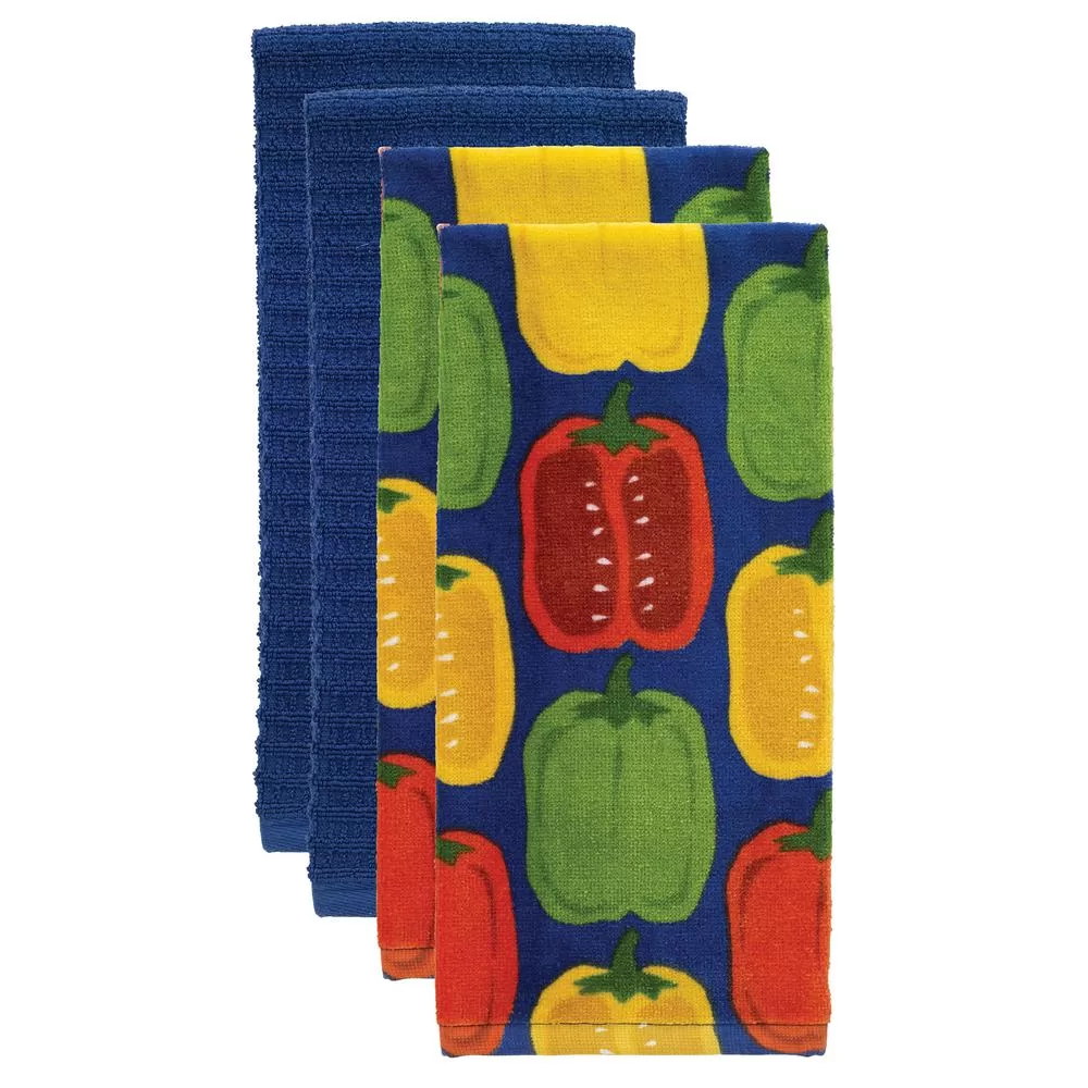 RITZ T-fal Multicolor Peppers Cotton Fiber Reactive Print and Solid Kitchen Dish Towel Set 4