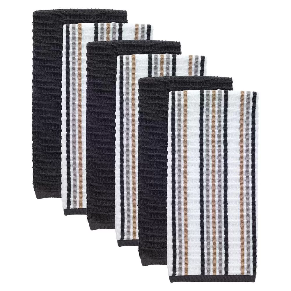 RITZ T-Fal Neutral/Charcoal Solid and Stripe Waffle Terry Kitchen Dish Towel Set 6