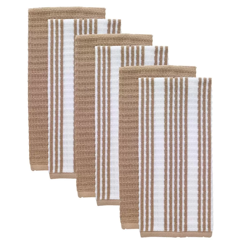 RITZ T-Fal Sand Solid and Stripe Cotton Waffle Terry Kitchen Dish Towel Set 6