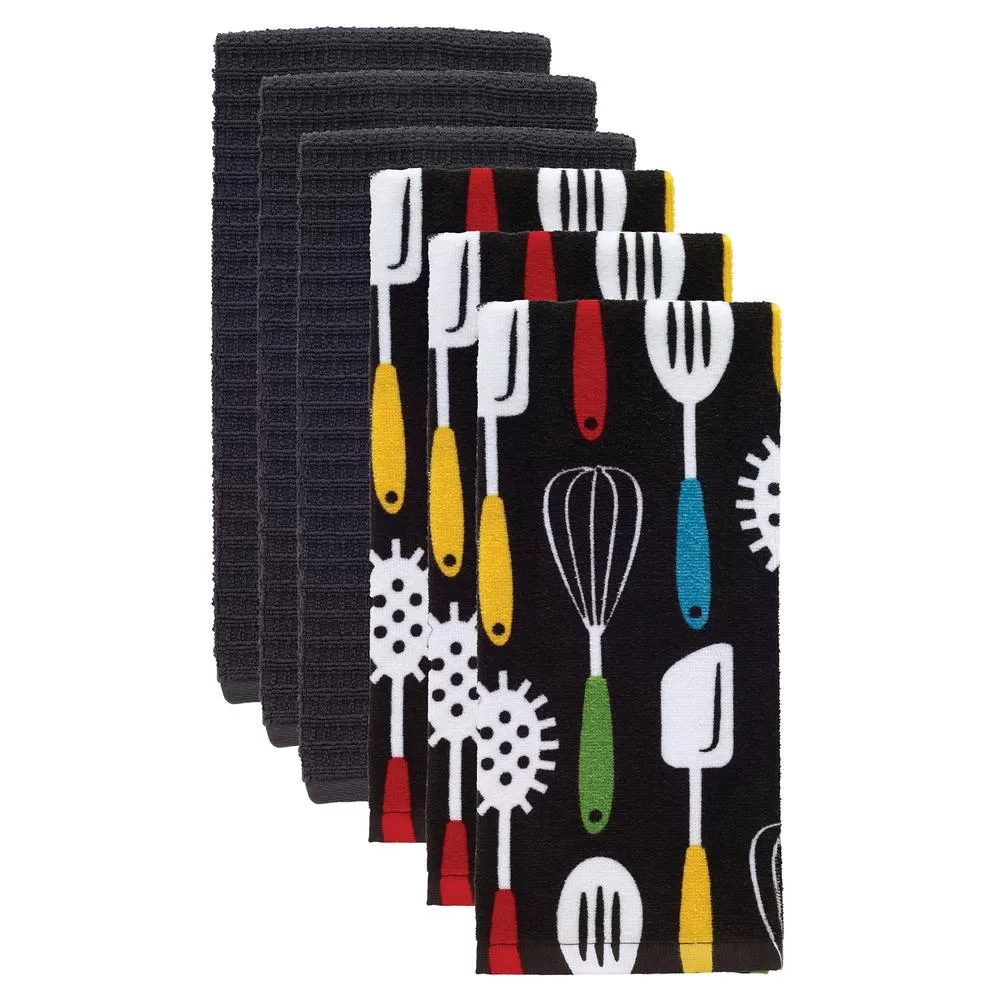 RITZ T-fal Utensiles Multicolor Cotton Fiber Reactive Print and Solid Kitchen Dish Towel Set 6