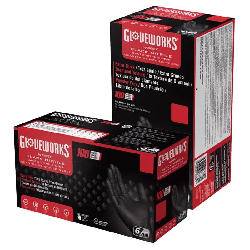 Gloveworks Nitrile Disposable Gloves XX-Large Black Powder Free 100 Pack Box 10
