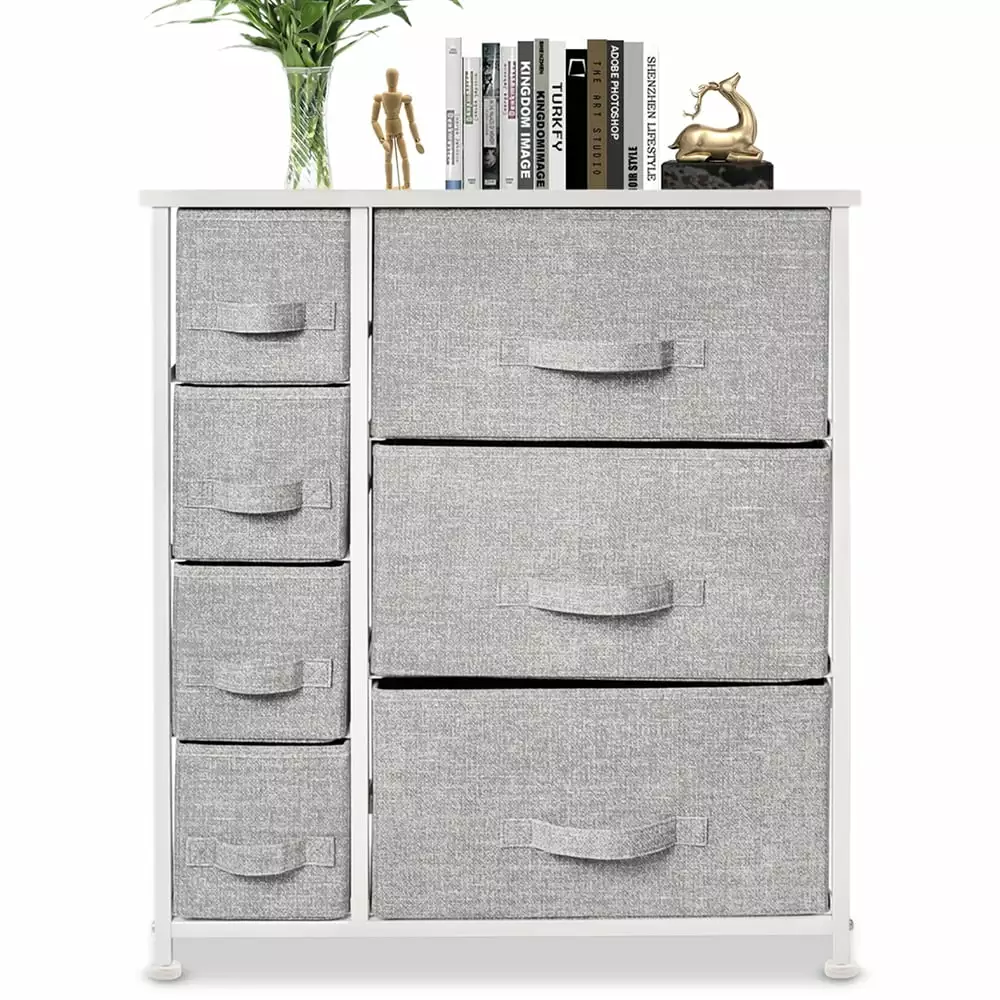 Bigroof 7 Drawers Dresser Bedroom Chest Drawers Fabric Bins Steel Frame Wood Top Light Gray