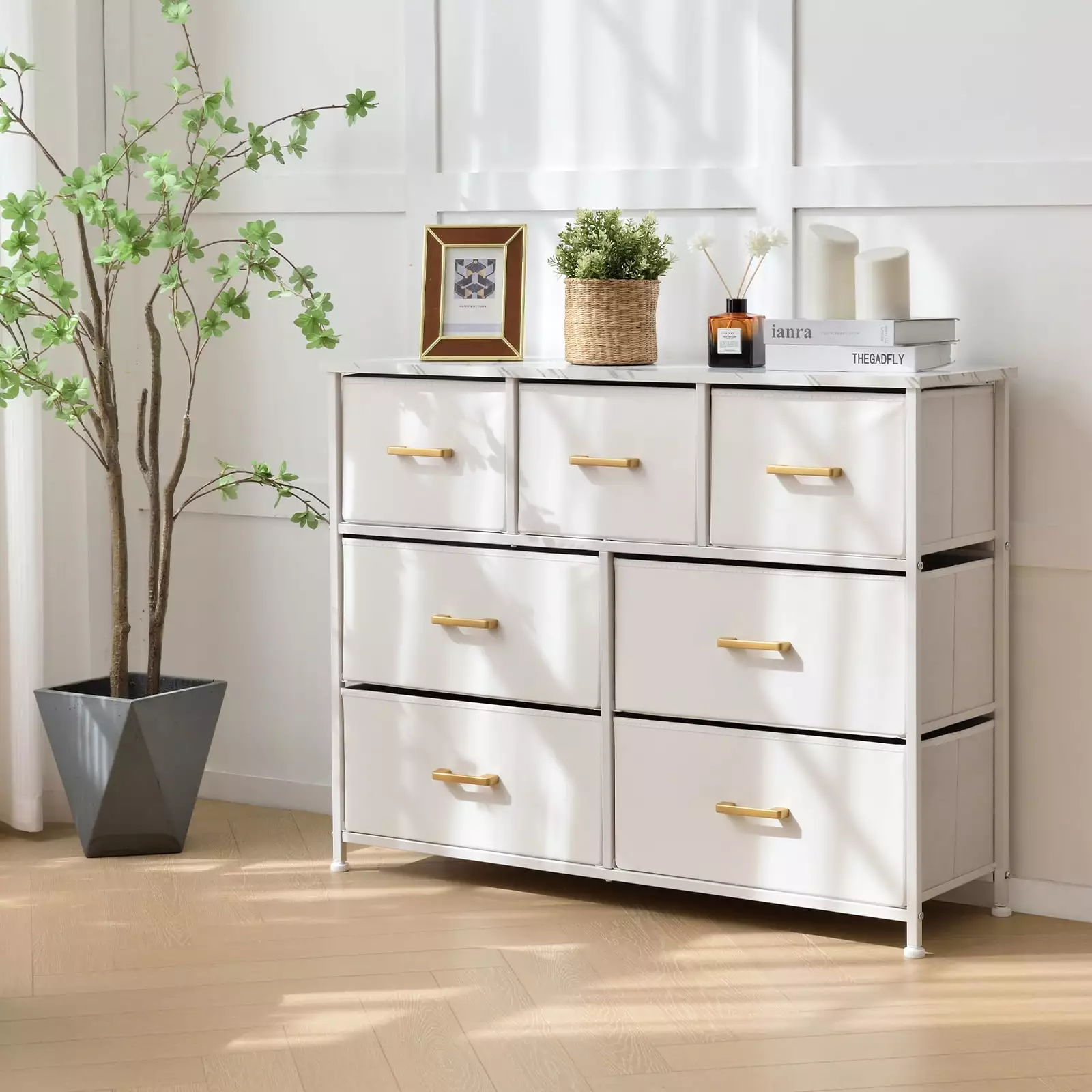 Bigroof Modern Fabric Dresser Storage Unit Wood Top Sturdy Steel Frame Clothes Organizer