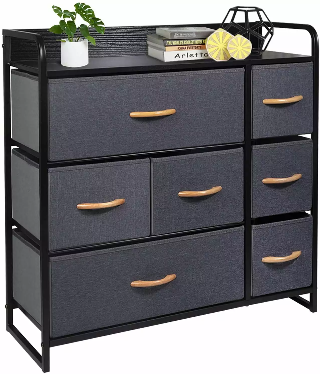 CERBIOR 7 Drawer Fabric Dresser Wood Top Rustic Storage Tower Bedroom