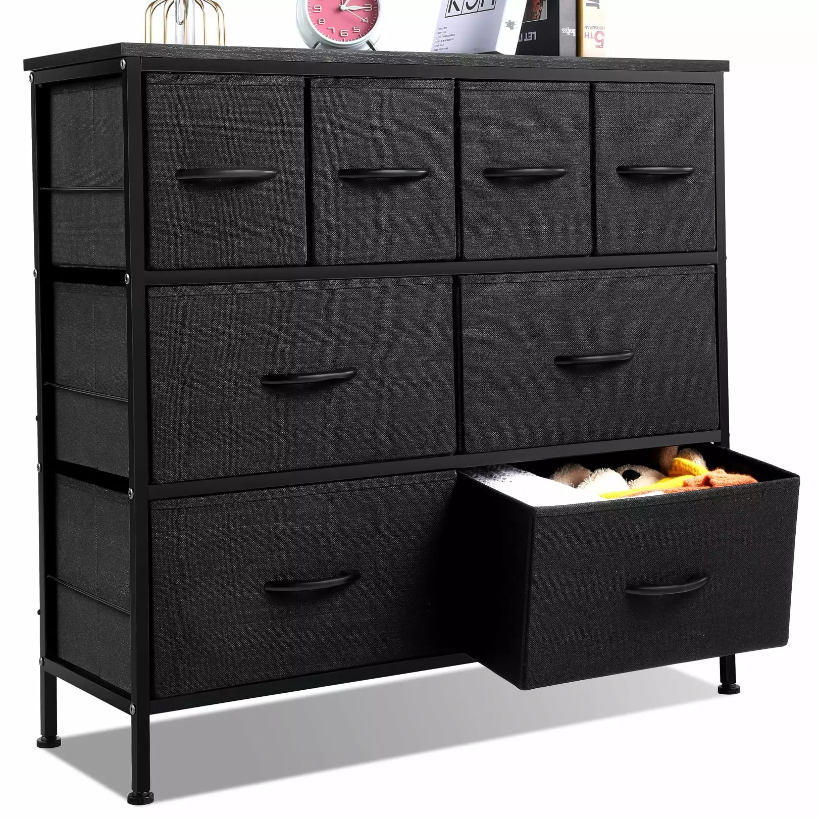 Devo 3-Tier 8 Drawer Dresser Cationic Fabric Drawers Wood Top Tower Storage Black