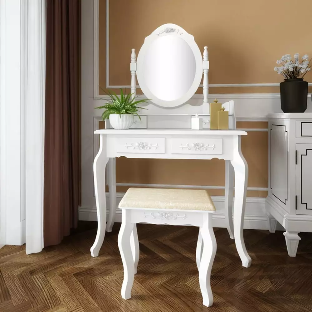 FCH Modern Dresser 4-Drawer Wood Vanity Set Dressing Table Stool Removable Mirror White