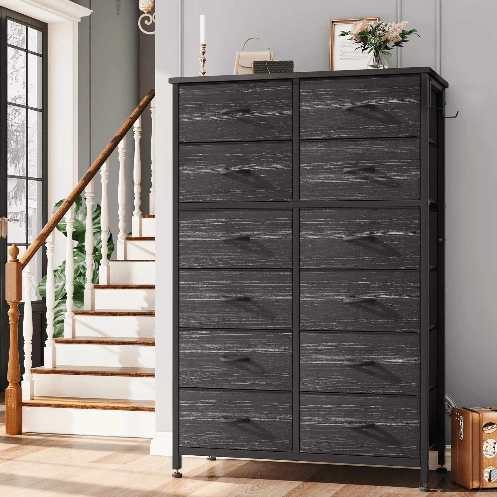 GIKPAL 12 Drawer Dresser Chest Drawers Tall Dresser Fabric Long Dresser Kids and Adults Steel Frame and Wooden Top Black