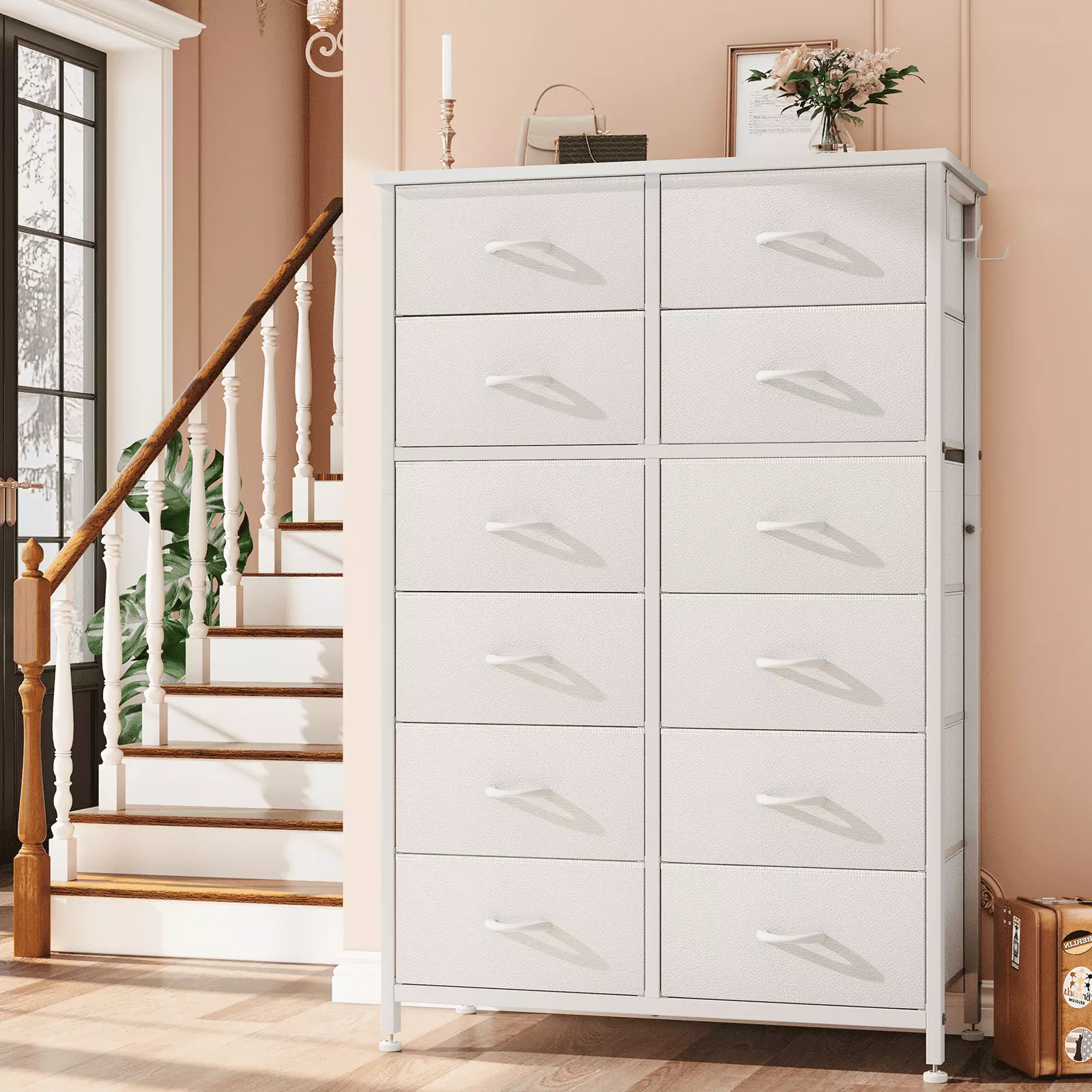 GIKPAL 12 Drawer Dresser Chest Drawers Tall Dresser Fabric Long Dresser Kids and Adults Steel Frame and Wooden Top White