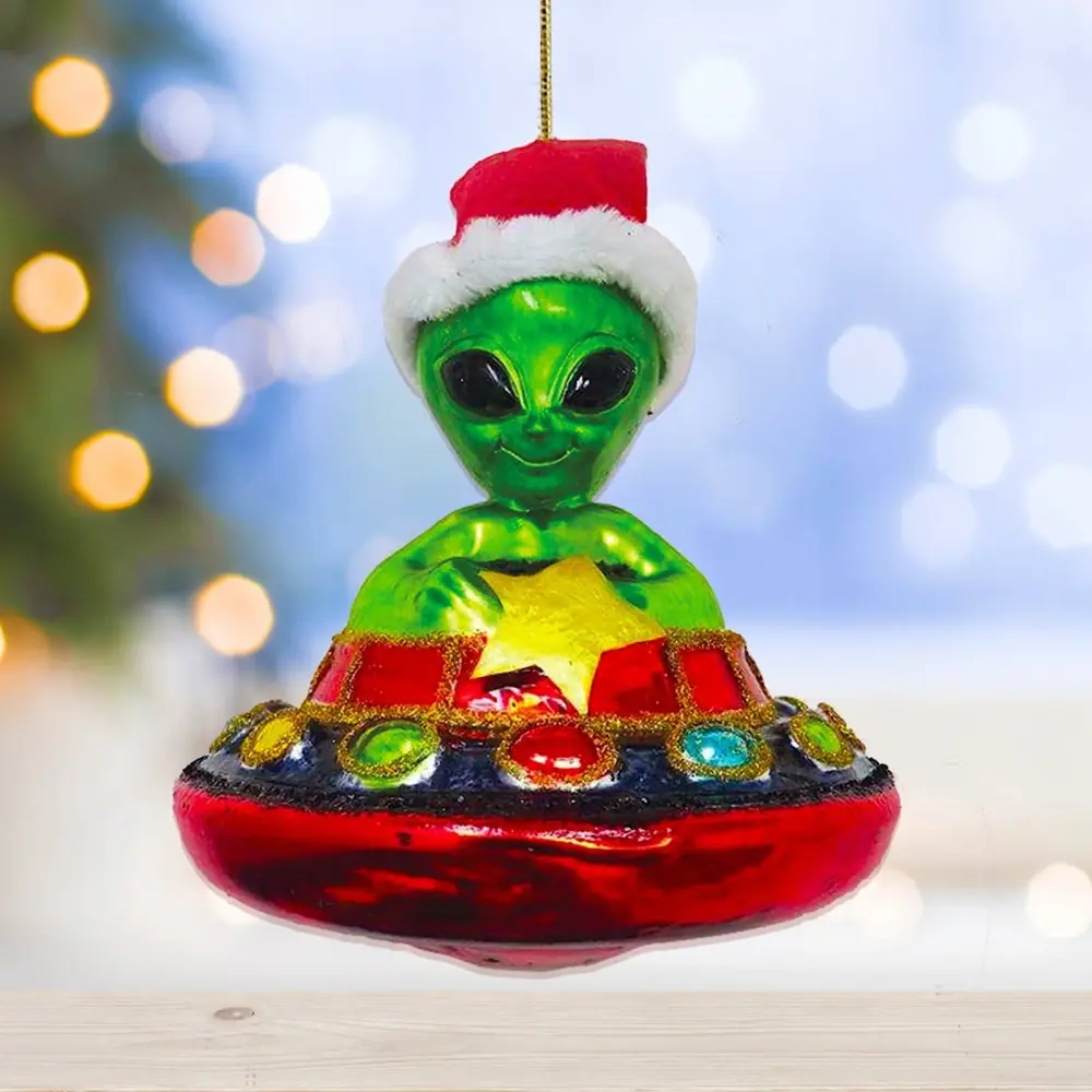 Shatterproof Alien and UFO Glass Christmas Ornament