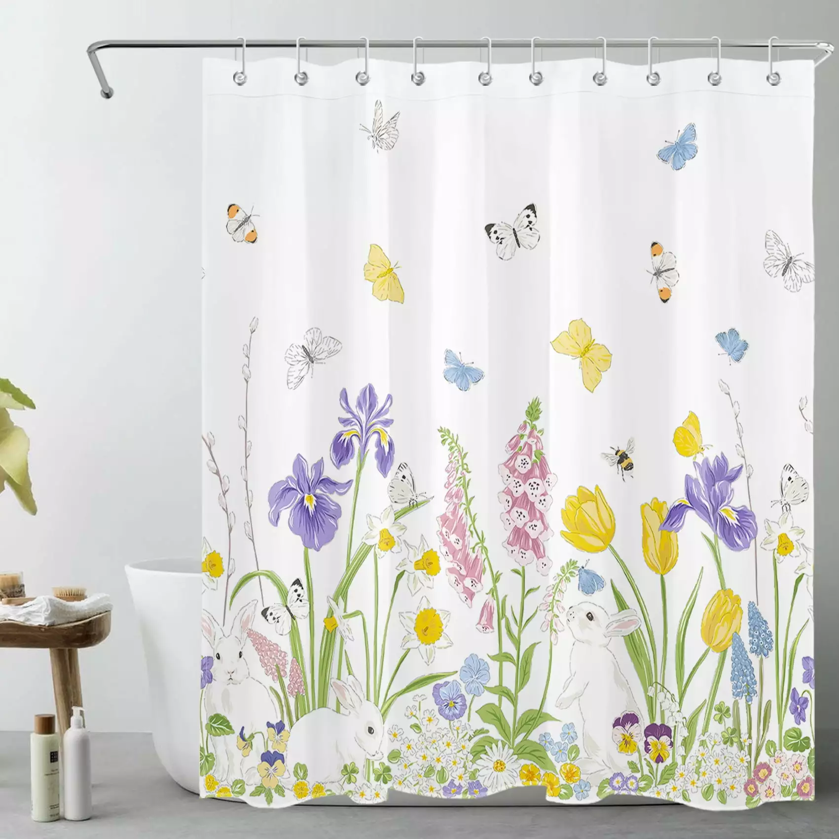 Purple Yellow Floral Shower Curtain Cute Rabbit Butterfly Rustic Green Plant Design 60x72 Spring Easter Bathroom HVEST