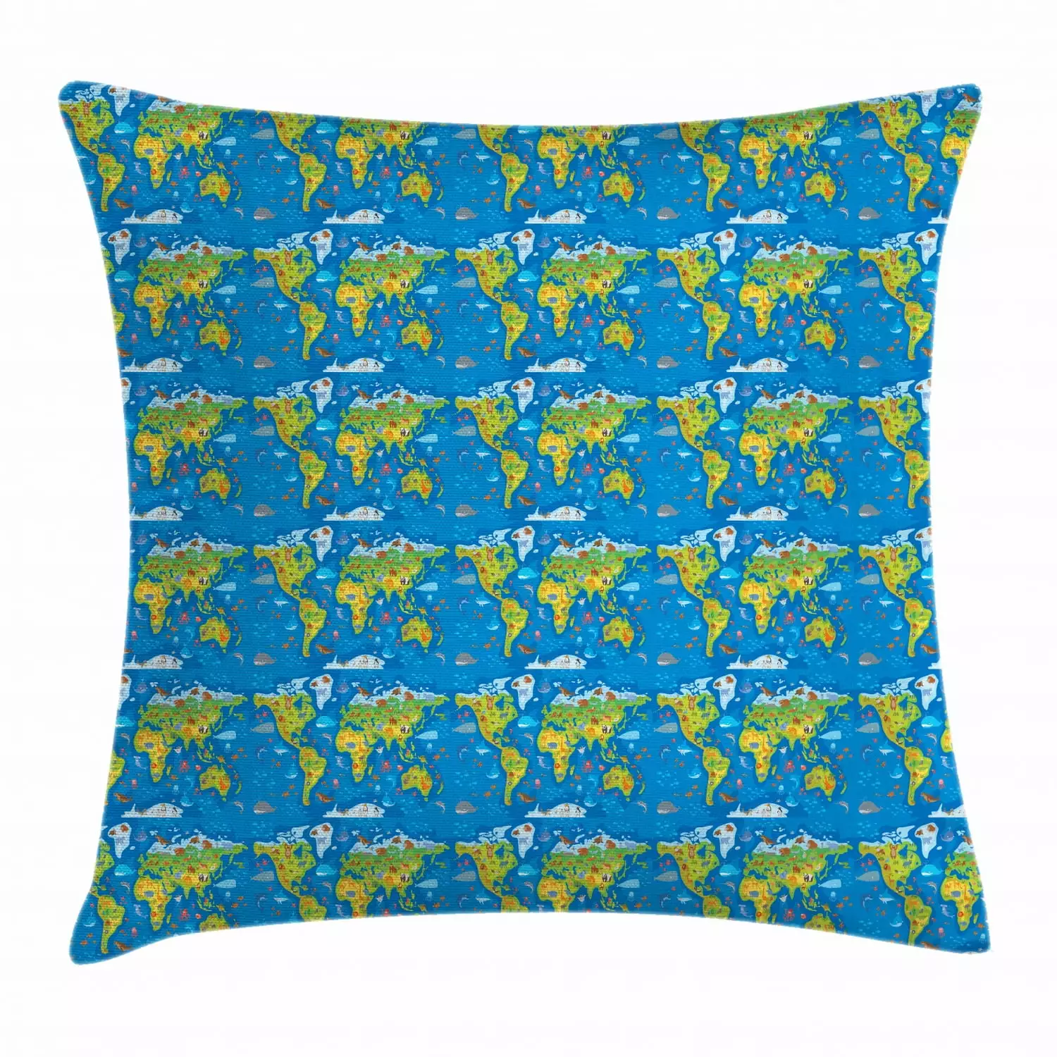 Earthy Throw Pillow Cover 16x16 Inches World Map Funny Animals Ambesonne