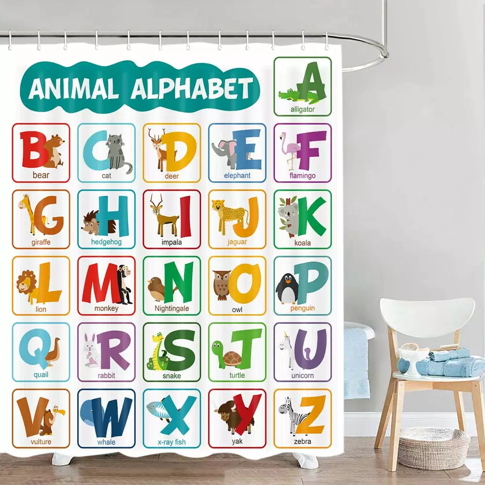 Funny ABC Alphabet Shower Curtain Kids Learning Educational Tool Cartoon Animals Pattern 72X72in Drgilau