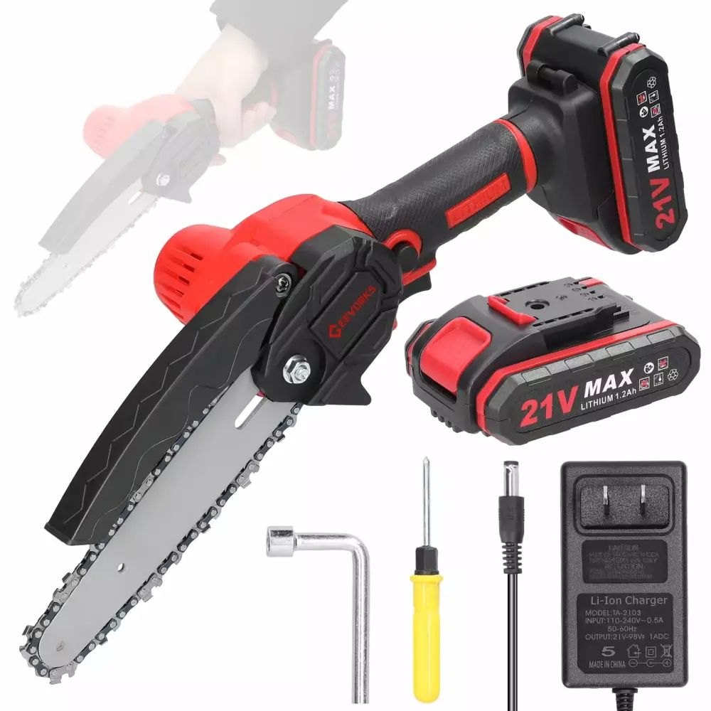 Geevorks 21V 6inch Electric Chainsaw Travel-friendly Small Wood Cutting Brush Motor One-Handed Tool 2pcs