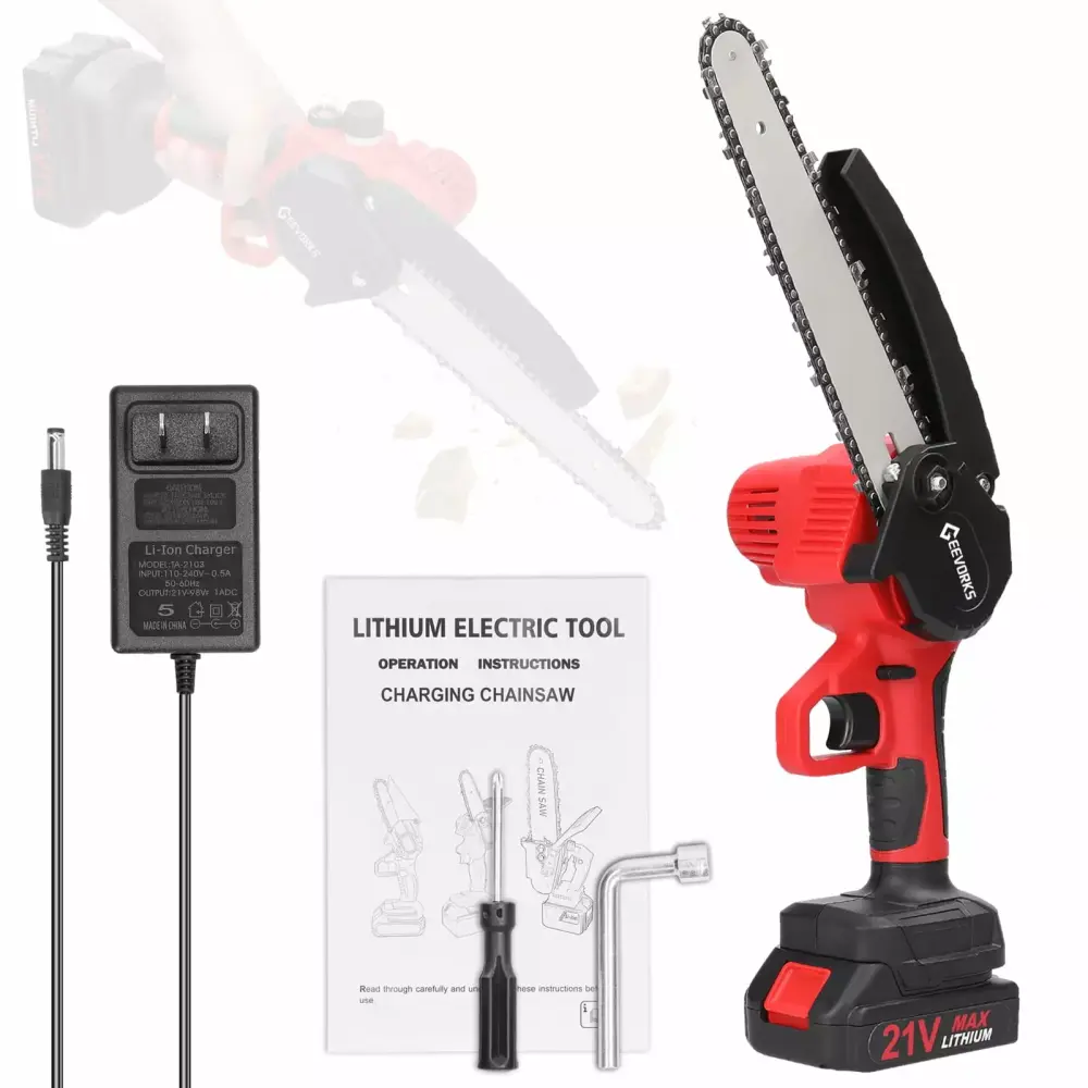 Geevorks Electric Chainsaw 21V 8 Inch Travel-friendly Small Wood Tool Lubrication Use One-Handed Motor Chainsaw 1pcs