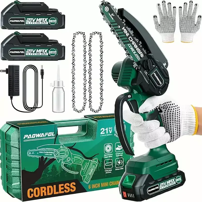 1 Set Mini Cordless Electric Chainsaw 2 Batteries and 2 Chains Tree Cutting Christmas Gifts