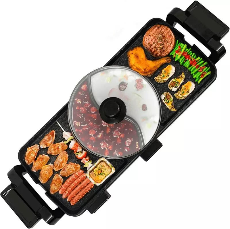 2 1 Electric BBQ Grill and Hot Pot 25x8.6 Inches Non-Stick Indoor Grill Dual Temperature Control