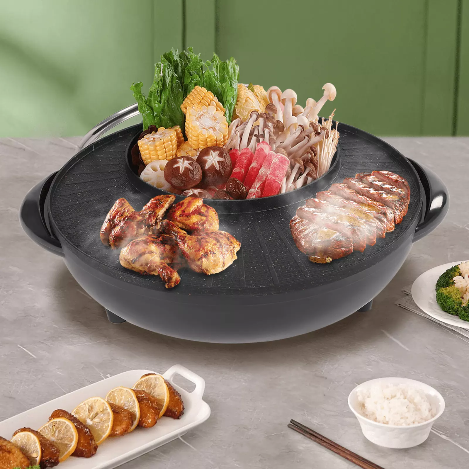 ZhdnBhnos Circular Hotpot Grill Combo Indoor BBQ Electric Non-Stick Black