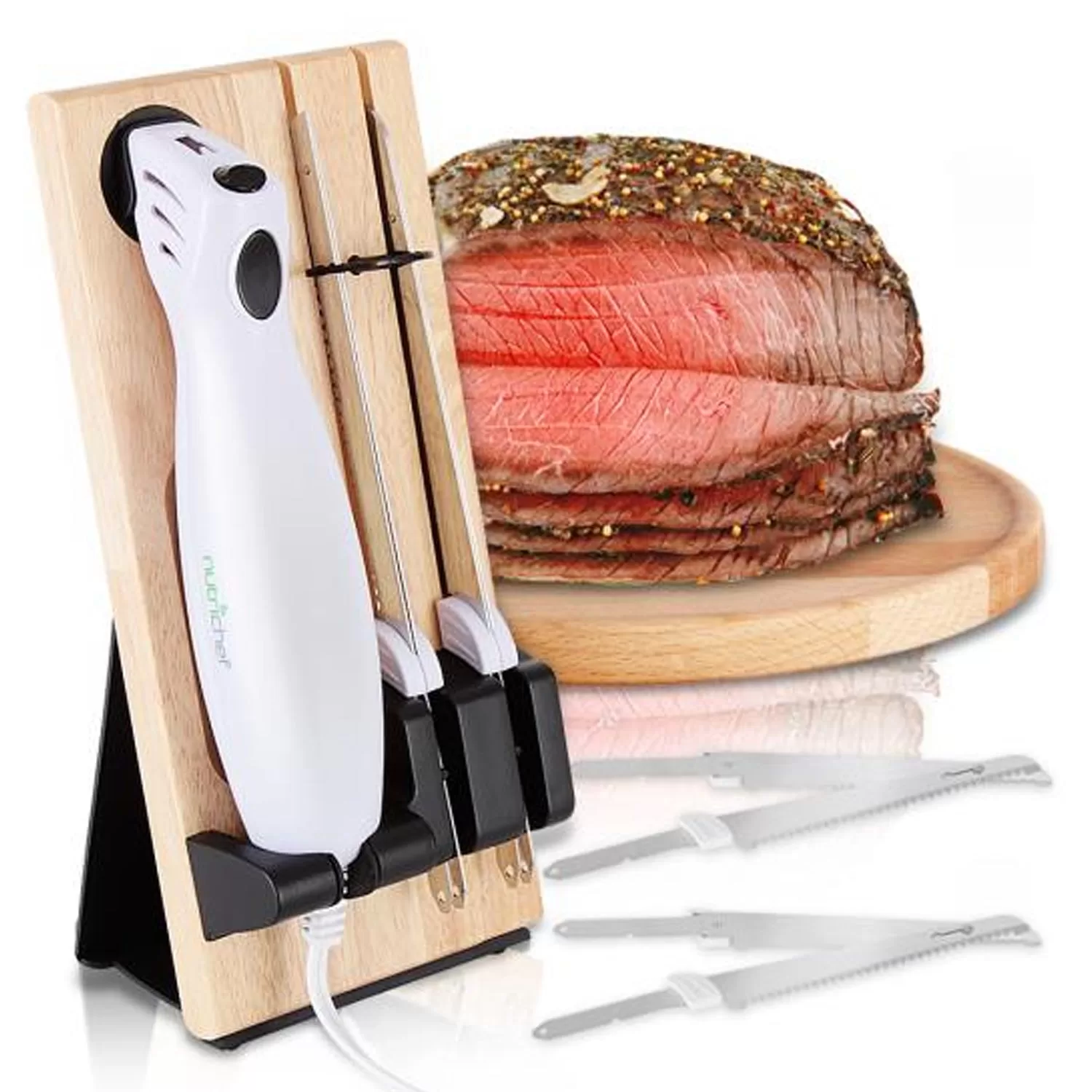 NutriChef 2 Blade Serrated Electric Knife and Butcher Block Storage Tray 4 Pack