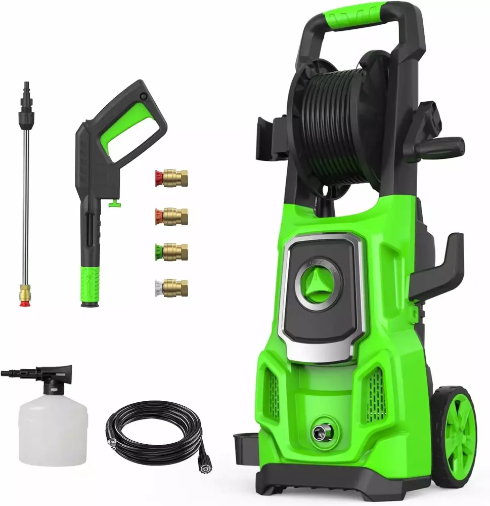 3200 Max PSI Electric Pressure Washer Hose Reel and 4 Nozzles Car and Patio Cleaning