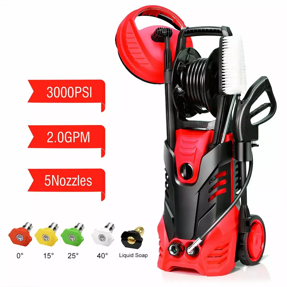 Giantex 3000PSI Electric Pressure Washer Travel-friendly 5 Nozzles Hose Reel Soap Bottle 2 GPM Red