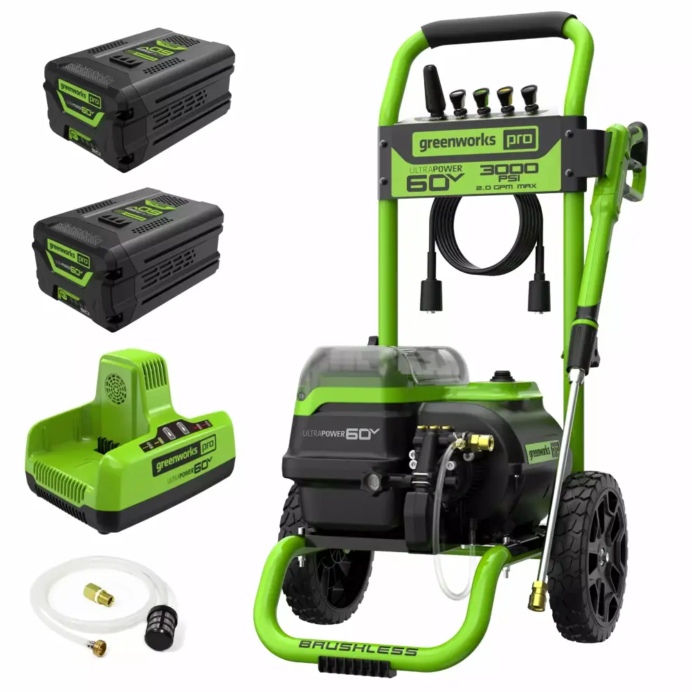 Greenworks 60V 3000 PSI 2.0 GPM Electric Pressure Washer 5.0Ah Batteries Dual-Port Charger 2