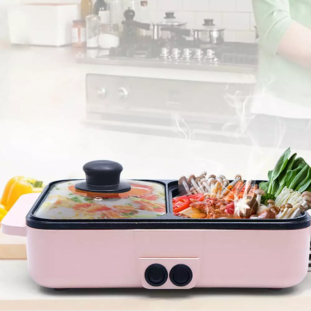 Miumaeov 2 1 Electric Shabu Hot Pot BBQ Grill Travel-friendly Smokeless Barbecue Grill Teppanyaki Pan Non-stick Cooking Pa...