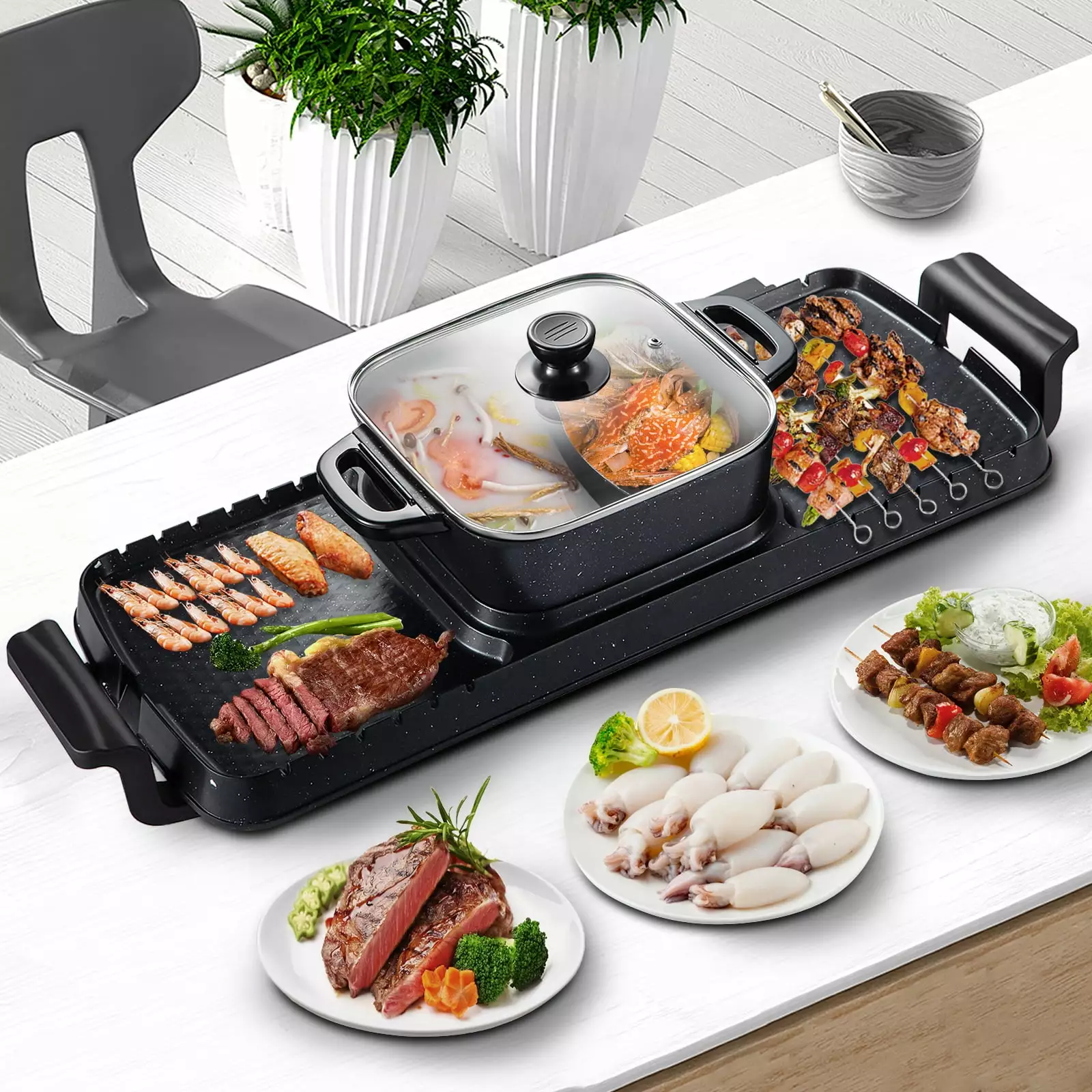 BENTISM 2 1 Electric BBQ Pan Grill Hot Pot Travel-friendly 2400W