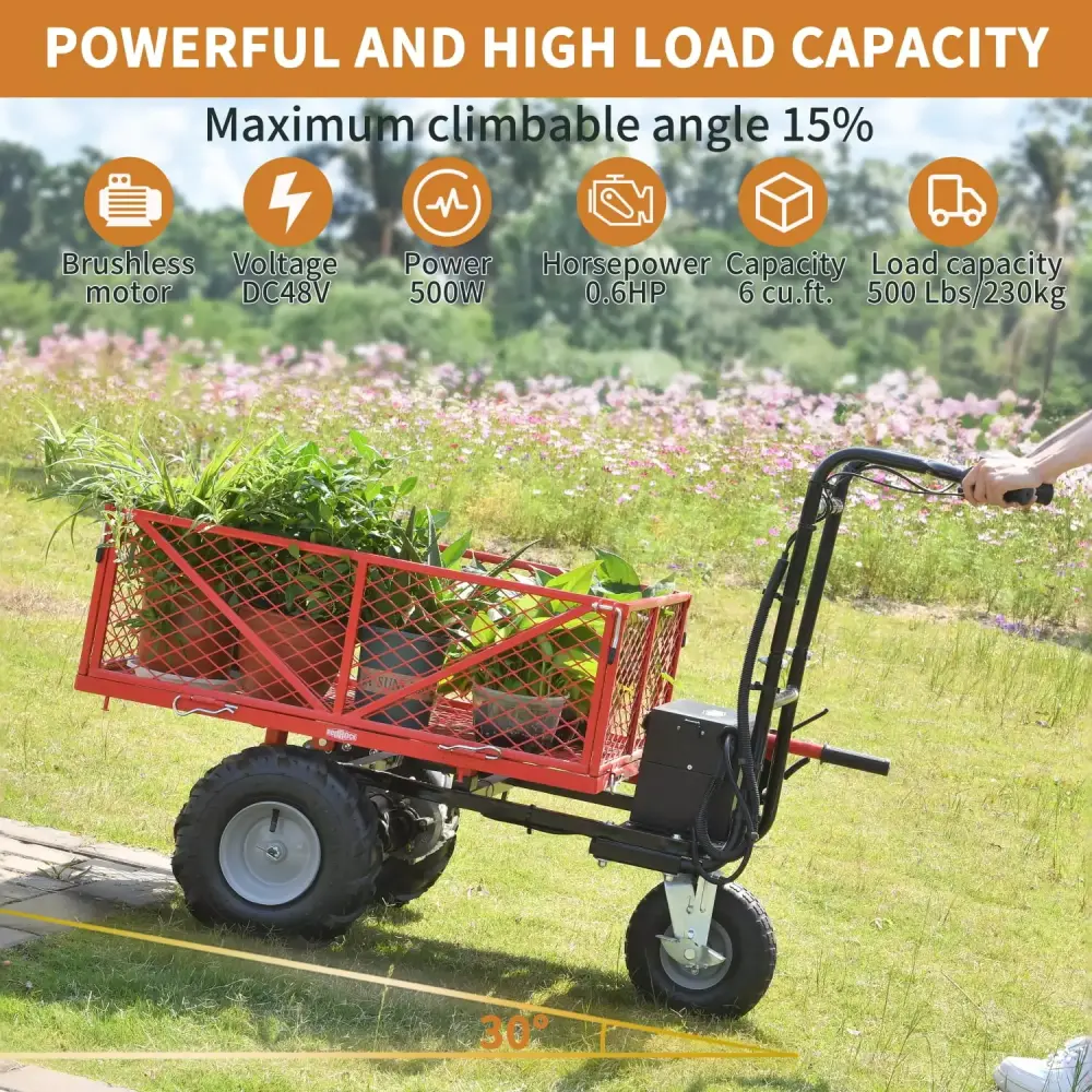 Powerful Electric Wheelbarrow Utility Cart 500lbs Capacity 48V28Ah Battery 500W Motor 1000lbs Towing