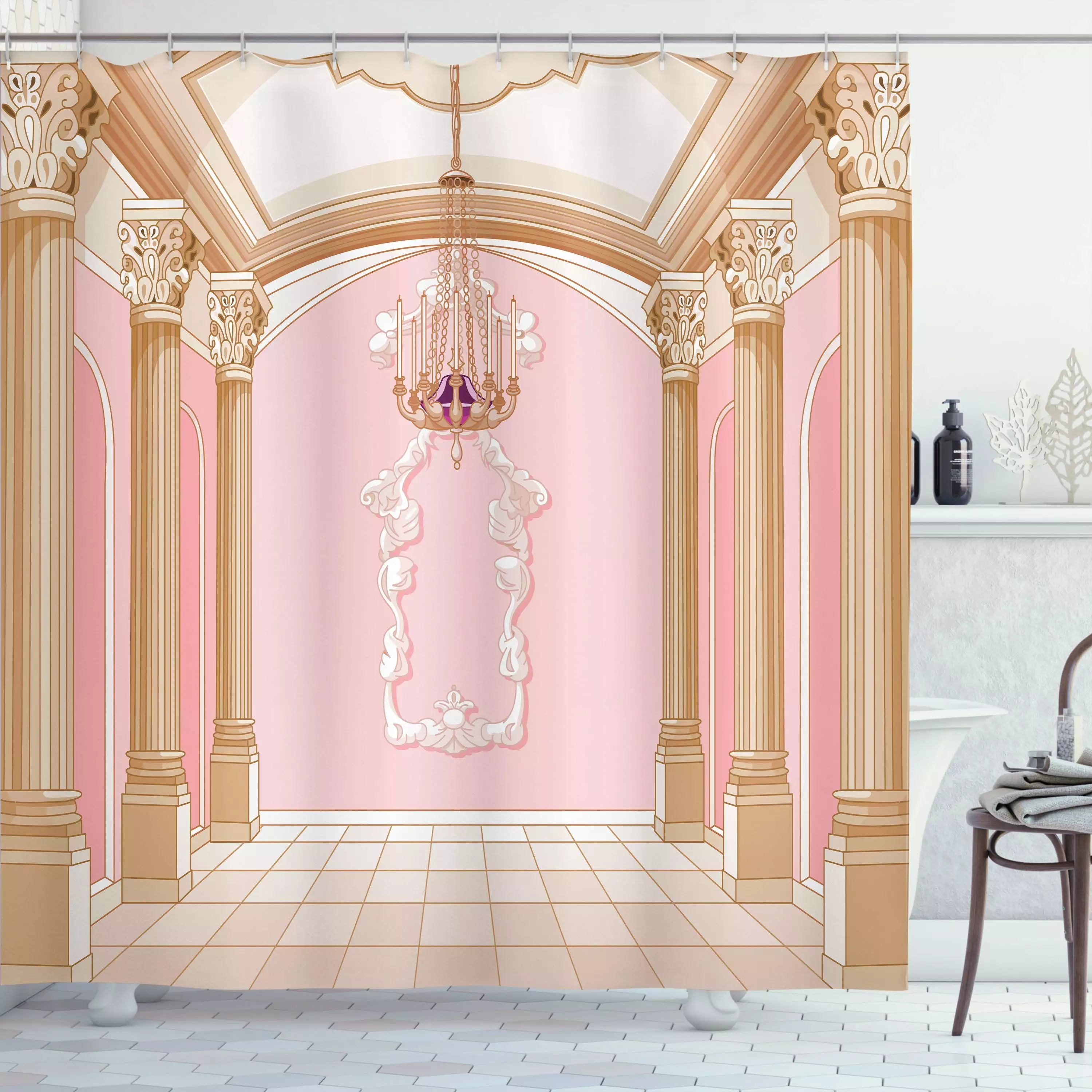 Ambesonne Pink Shower Curtain Chandelier Ceiling Castle Rose Peach 69x70 Inches
