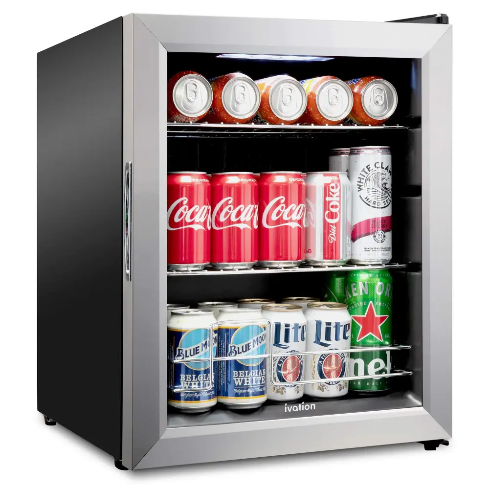 Ivation 62 Can Beverage Refrigerator, Freestanding Mini Fridge Glass Door - Stainless Alloy