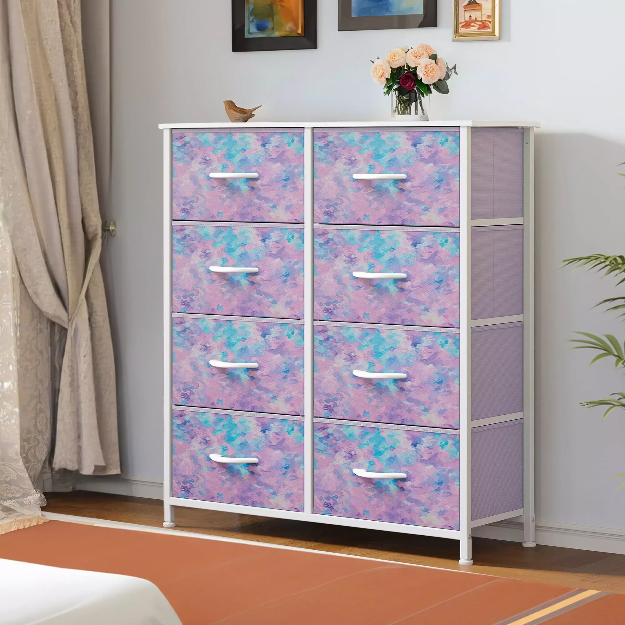 Dextrus 8 Drawers Fabric Dresser Bedroom Tall Storage Dresser Tie-dye Purple