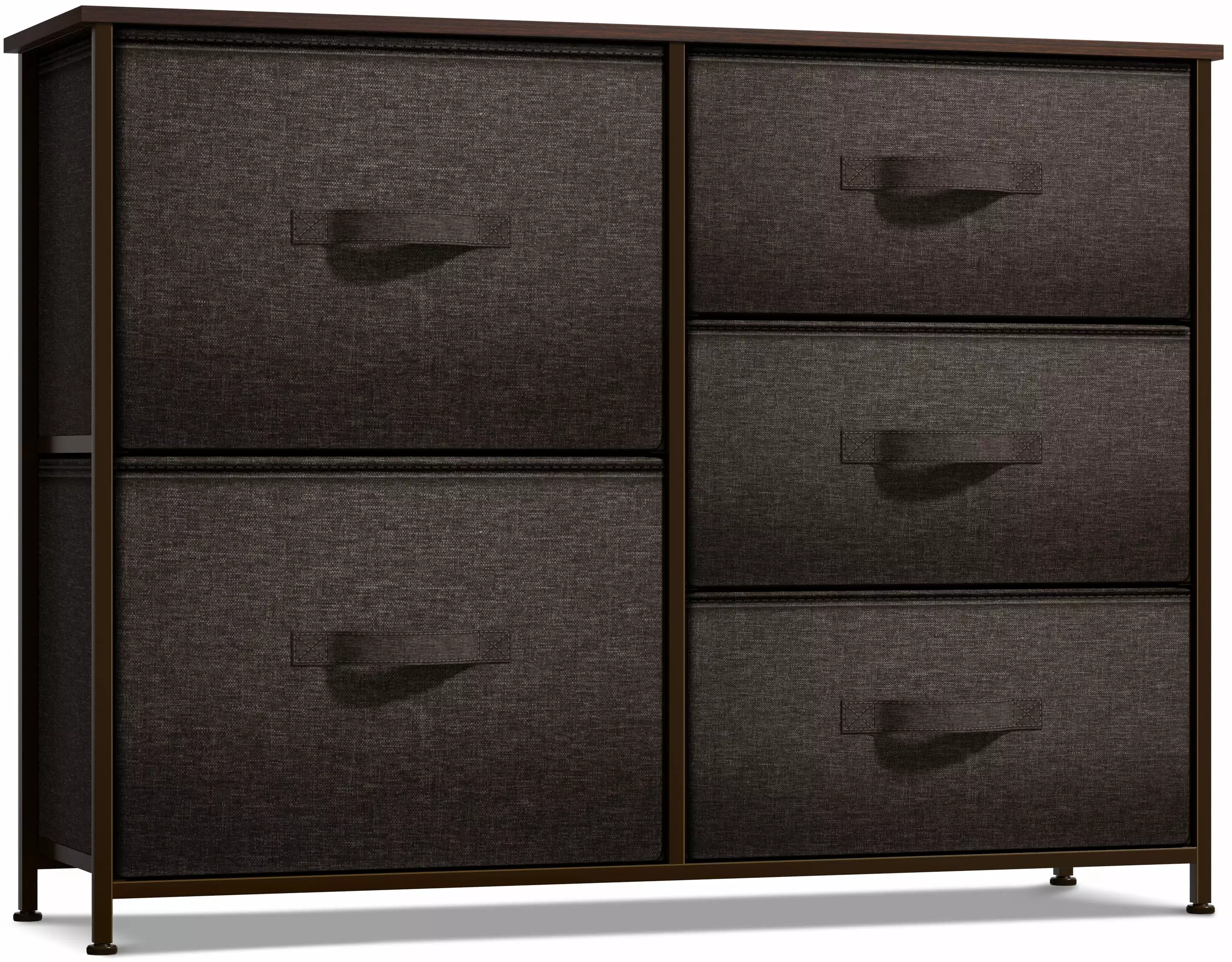 Sorbus 5-Drawer Dresser Chest Arranger Steel Frame Wood Top Easy-Pull Fabric Bins Brown