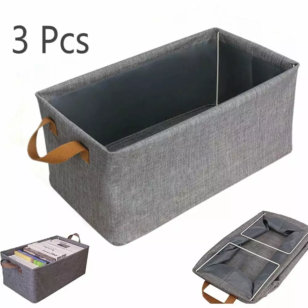 Kibhous 3 Pcs Fabric Storage Bins 25L Foldable Storage Cubes Steel Frame Support Dark Gray