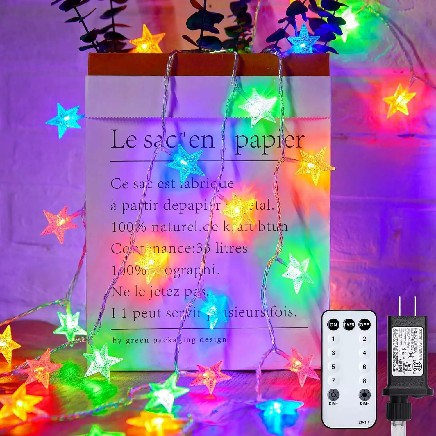 17 ft 50 LED Star String Lights Battery Operated Timer Indoor and Outdoor Decor (White) LJT