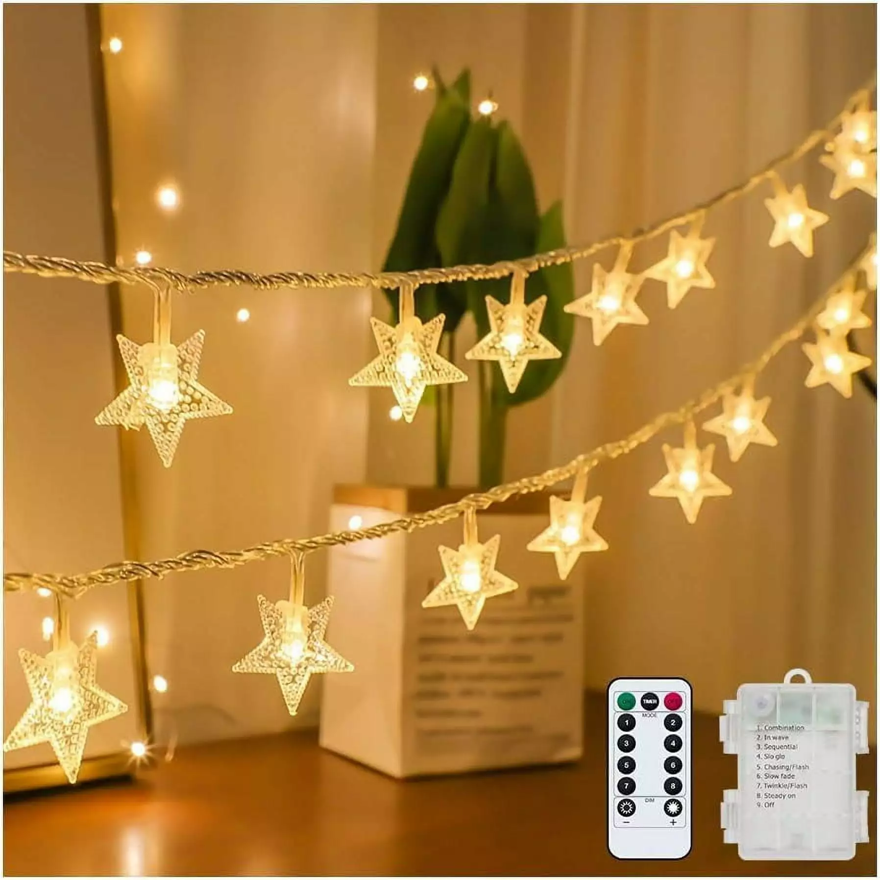 17 ft 50 LED Star String Lights Remote and Timer Indoor and Outdoor Decor (Warm White) LJT
